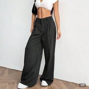 Black and White Striped Wide-Leg Work Dress Pants